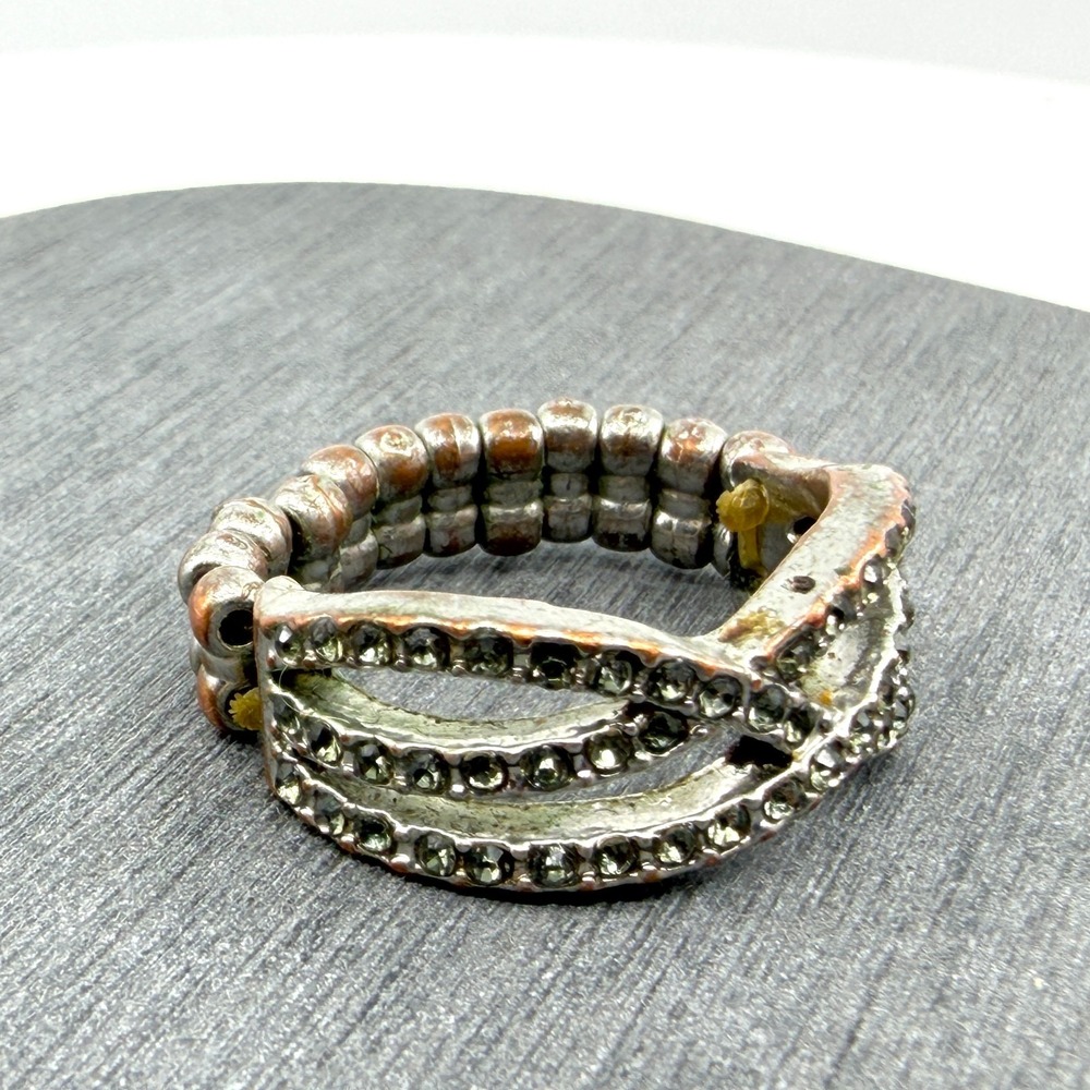 Rhinestone Crossover Stretch Ring Gunmetal Tone Statement Chunky Band Accessory